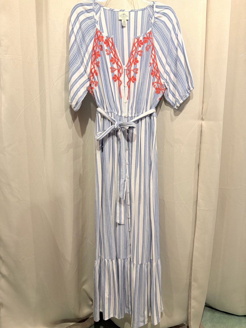 St. John's Bay Blue & White Striped Maxi Dress with Coral Embroidery